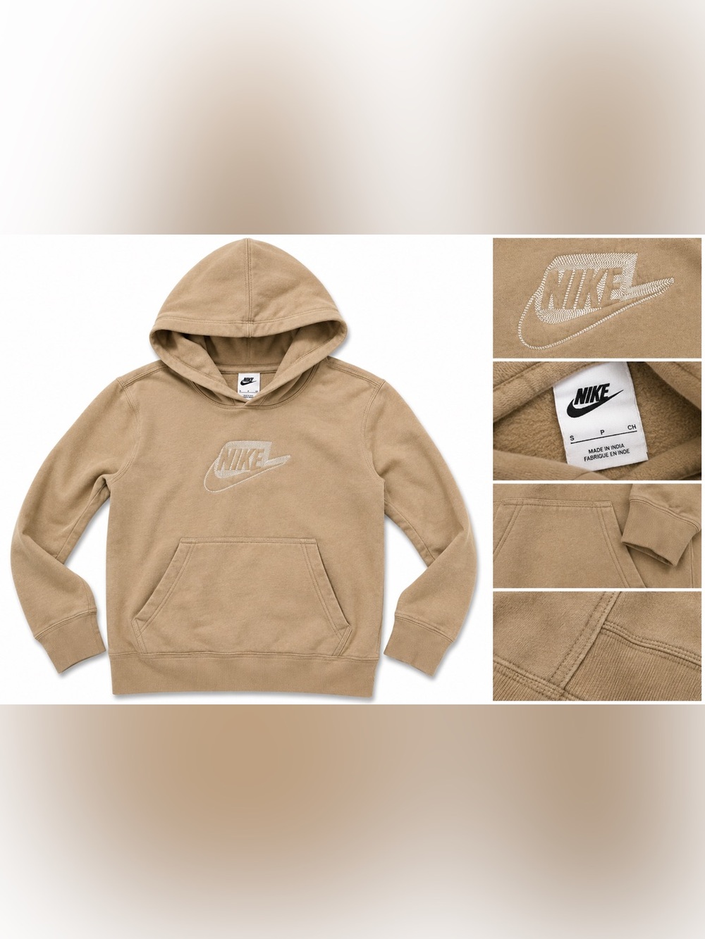 Nike Kids Tan Pullover Hoodie with Embroidered Logo